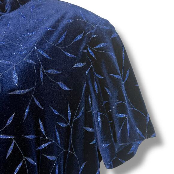 Another Thyme Blue Velvet Maxi Dress Glitter Leaf Pattern Vintage 18 Large 8 -10 - Picture 4 of 12